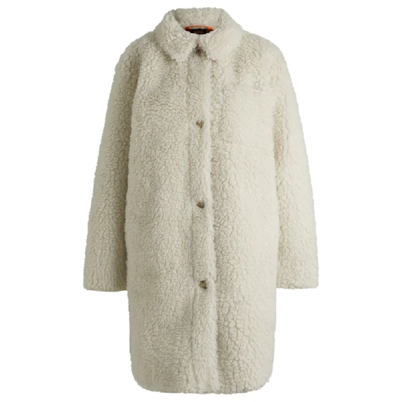 Faux-fur coat with chest pocket Cuffed Rolled Raglan