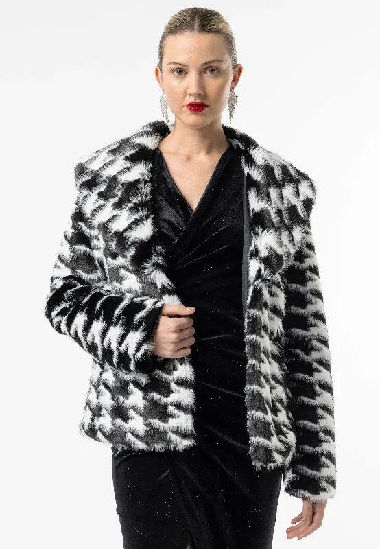 Angeleye Houndstooth Faux Fur Coat Parka Down Jacket Wool Coat