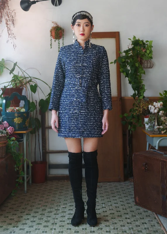 Gatsby Glow Tweed Tang Coat w Belt (Heathered Navy) Collared Crew Neck Turtle Neck