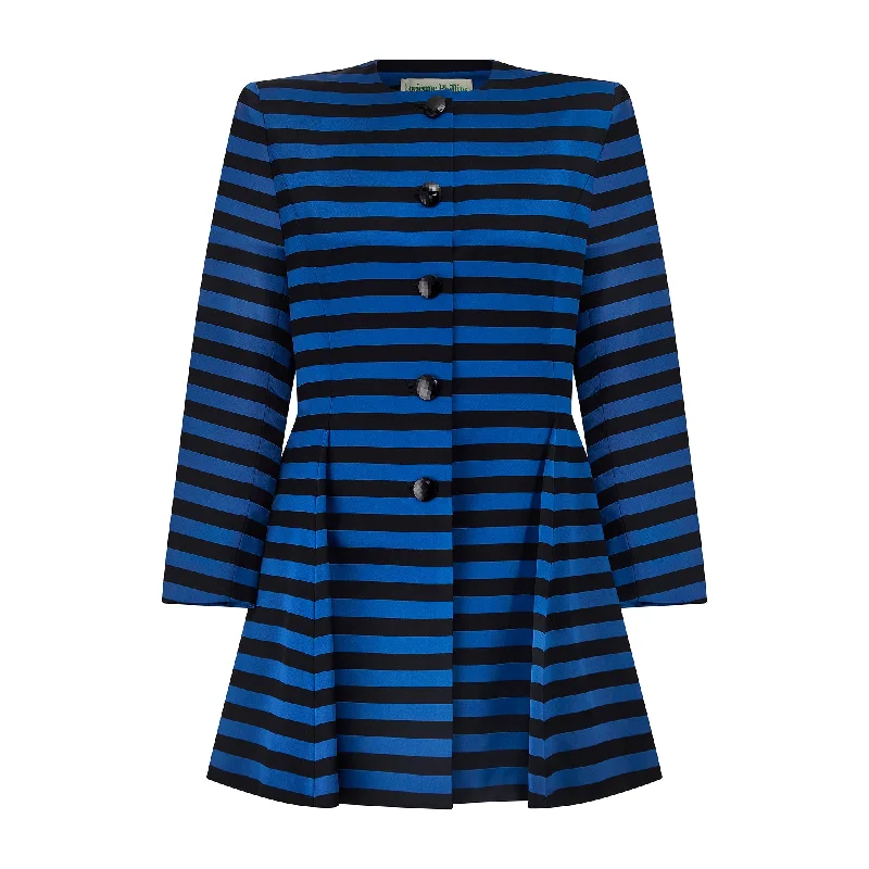 1980s Victor Edelstein Black and Blue Silk Striped Dress Coat Blouse Shirt Tunic