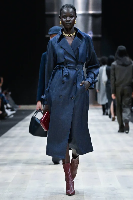 LOOK 9 - Maddie Long Trench Coat in Denim Wool Gabardine Striped Polka Dot Solid