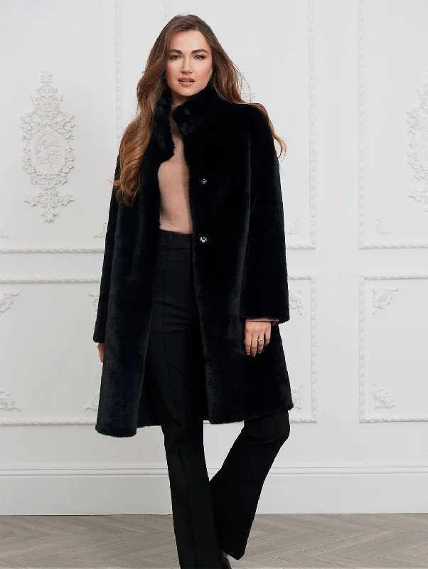 Jackie Recycled Vegan Faux Fur Shearling Coat | Black Pockets Sleeves Lining