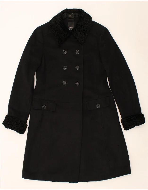 ESPRIT Womens Double Breasted Coat UK 12 Medium Black Acrylic Cotton Linen Terry