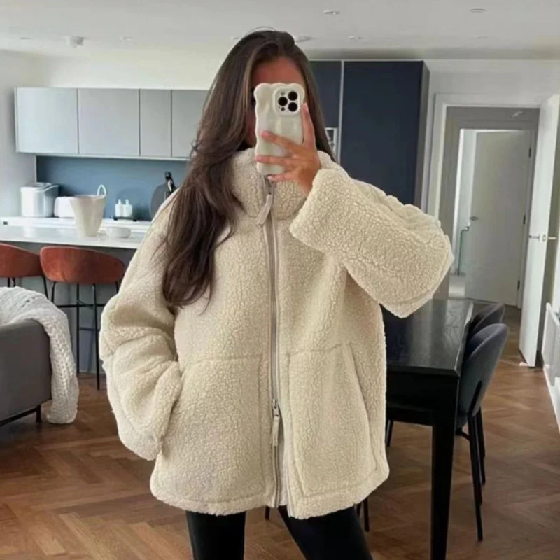 Wholesale Autumn and Winter New Solid Color Languid Style Lambswool Turtleneck Coat Cuffed Rolled Raglan