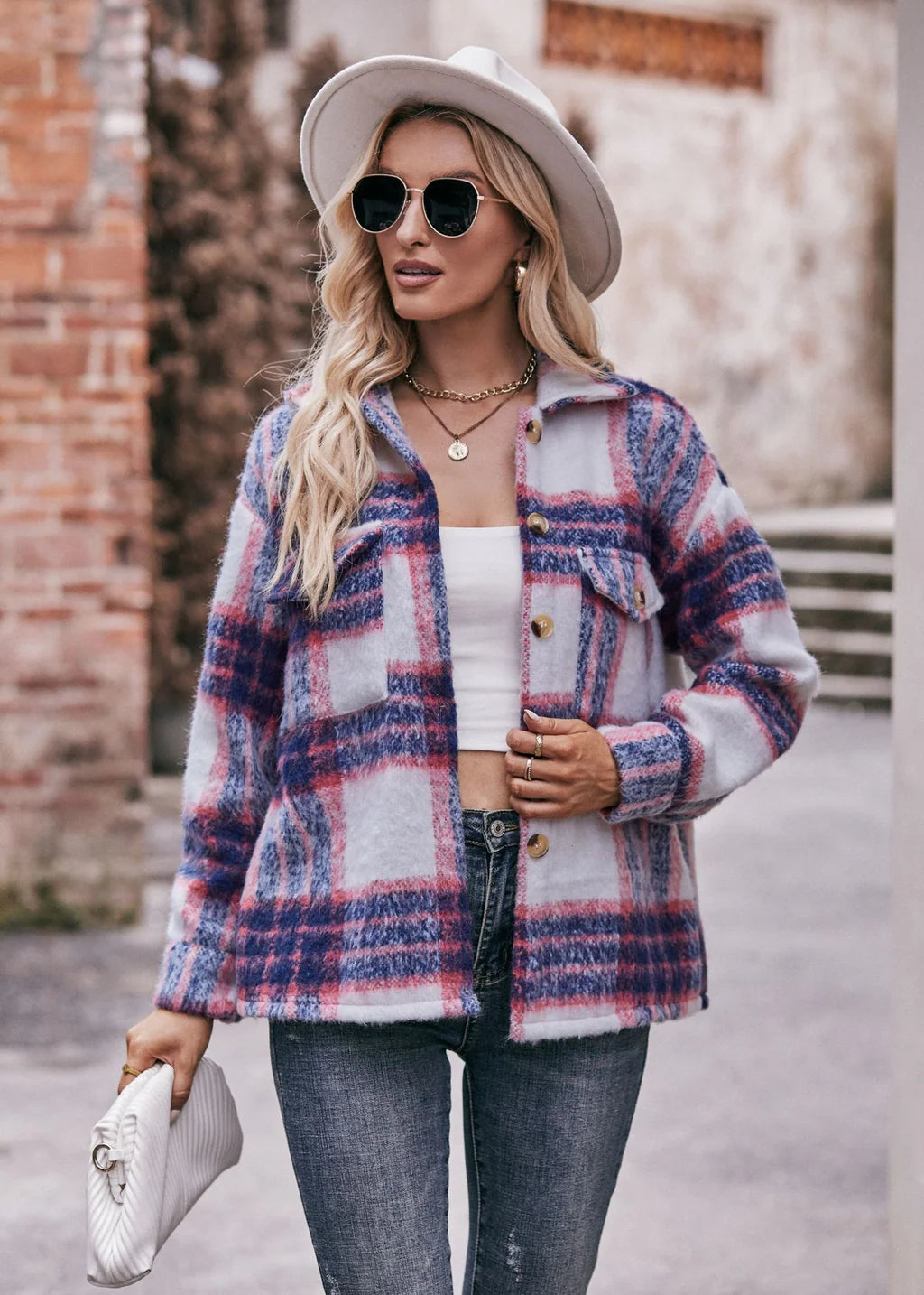 Plaid Short Woolen Thick Coat Off-the-Shoulder Jacket Double-Breasted Coat Single-Breasted Coat