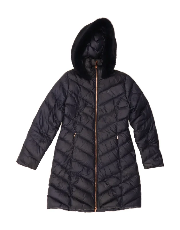 TED BAKER Womens Hooded Padded Coat Size 2 Small Navy Blue Polyamide Houndstooth Jacket Shearling Jacket Fleece Jacket