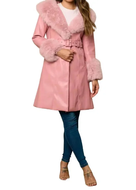 Faux Leather Coat In Pink Pleated Ruffled tiered