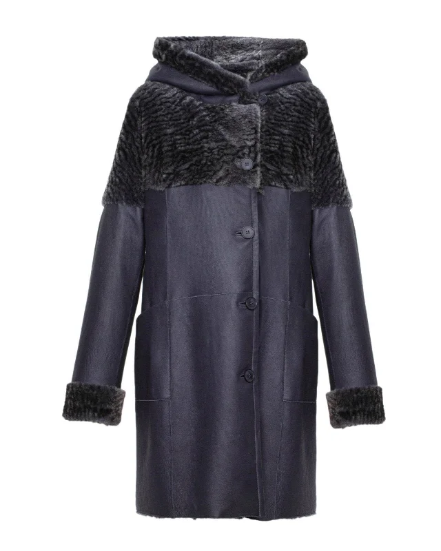 Navy Long Shearling Coat Elasticated Drawstring Belted