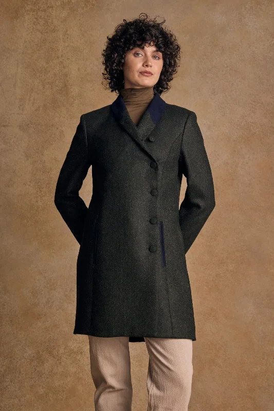 Robin Tweed Coat - Deep Green Herringbone Zip Front Button Front Snap Front