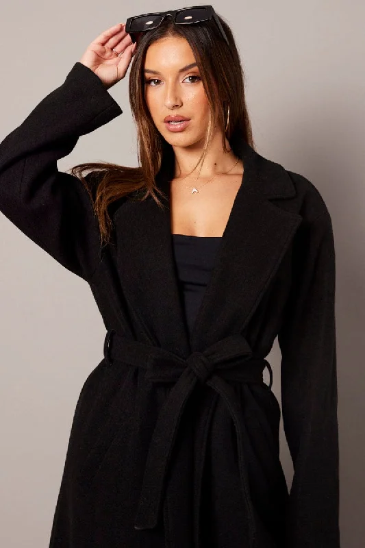 Black Long Coat Long Sleeve Tie Front Boat Shawl Notched