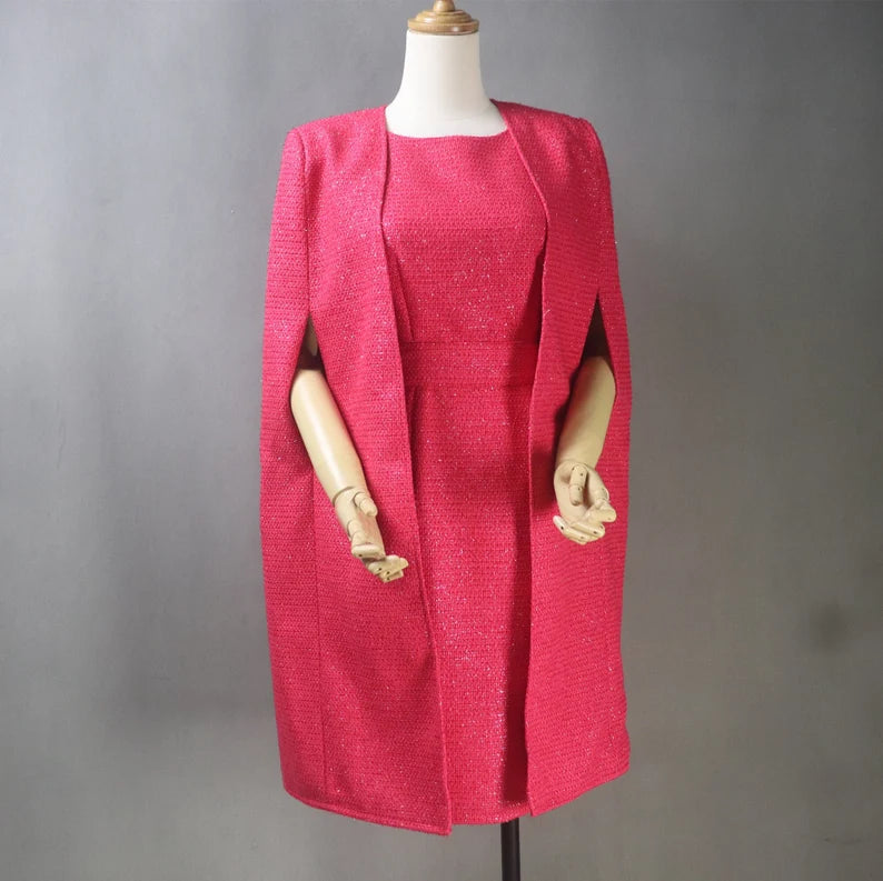 Red Sheath Dress  + Long Coat For Ladies With Tweed material  for wedding wear, Graduation day. Trench Raincoat Windbreaker