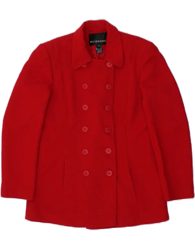 WAREHOUSE Womens Pea Coat UK 12 Medium Red Polyester Welt Pockets Slit Pockets Flap Pockets