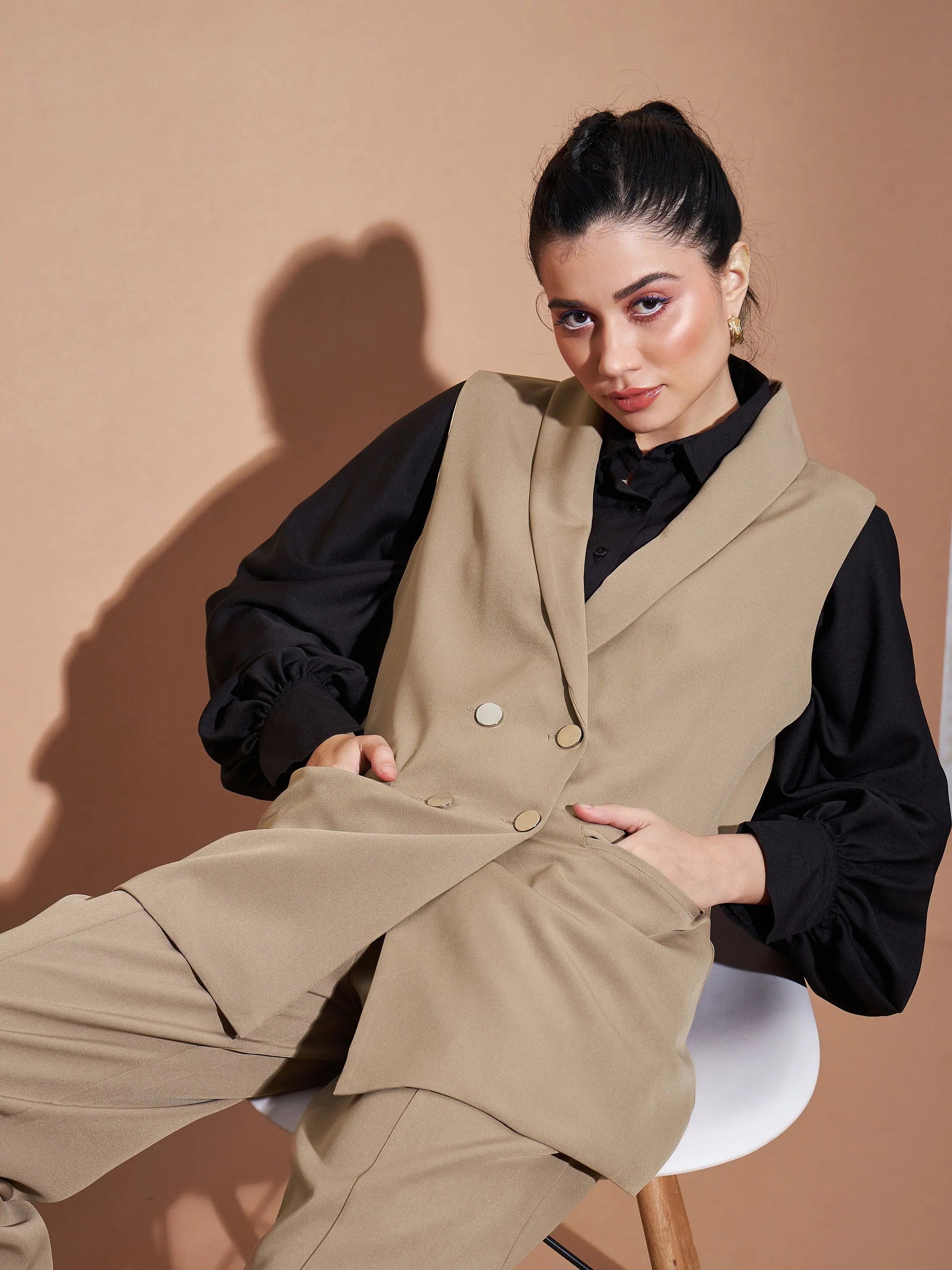 Women Beige Show Pocket Sleeveless Longline Blazer Women's Handmade Blazer