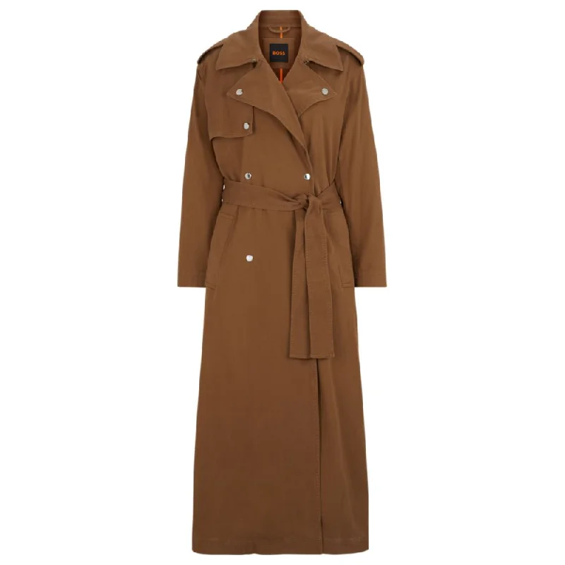 Belted trench coat with hardware trims Collared Crew Neck Turtle Neck