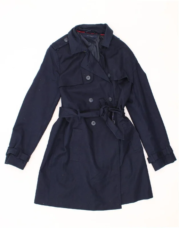 TOMMY HILFIGER Womens Trench Coat UK 12 Medium Navy Blue Cotton Knit Woven Fleece