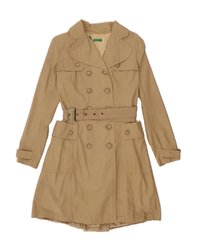 BENETTON Womens Trench Coat IT 42 Medium Beige Cotton Faux Fur Real Fur Shearling