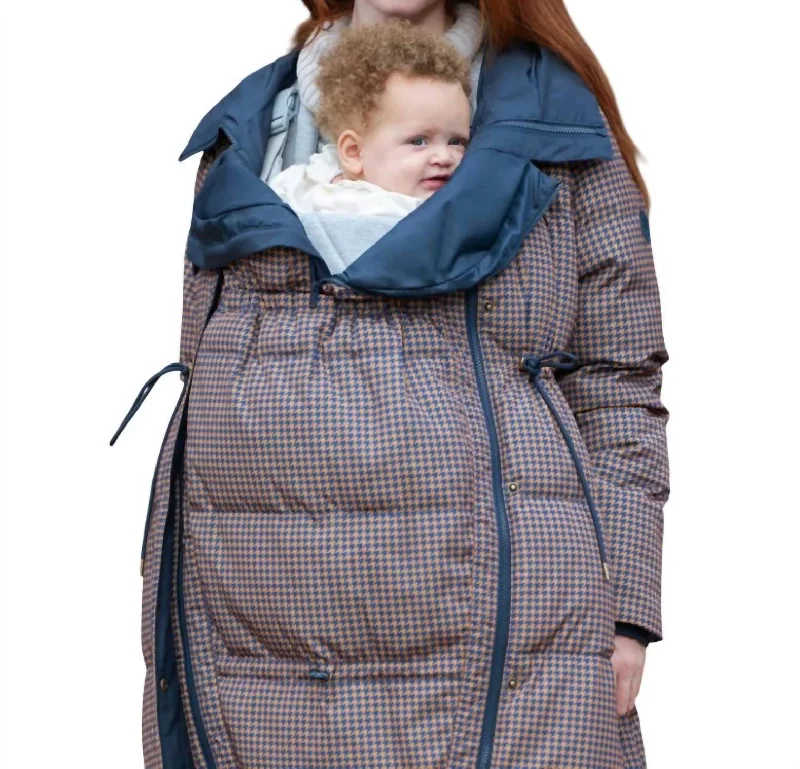 Keeri Houndstooth Puffer Maternity Coat Stand-Up Roll-Neck Turtle