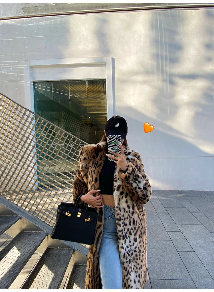 Advbridge Winter Long Warm Thick Leopard Fluffy Faux Fur Coat Women Tiger Print Runway Loose Luxury Designer Clothing Women Herringbone Houndstooth Plaid