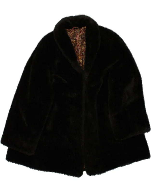 VINTAGE Womens Faux Fur Coat UK 22 3XL Black Polyester Boat Shawl Notched