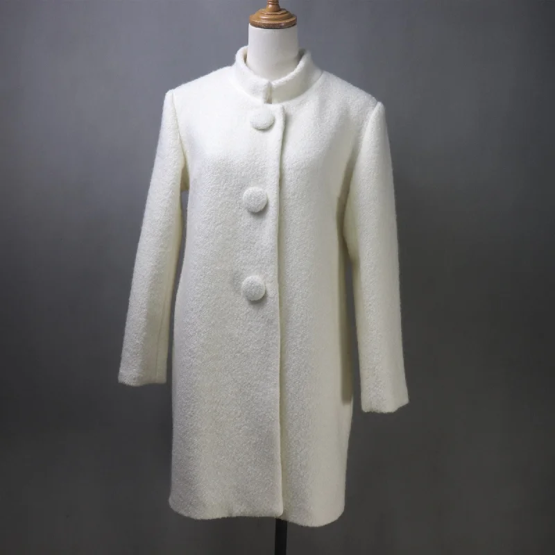 White Wool Loose Fit Long Coat with Stand-Up Collar Suede Faux Fur Shearling