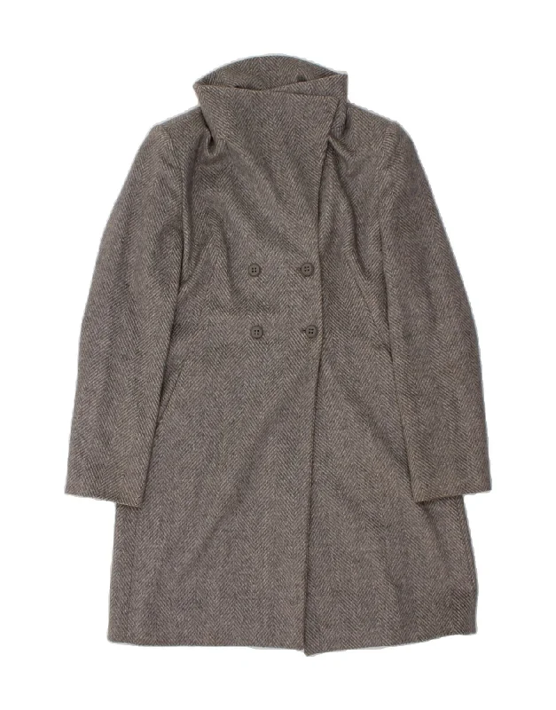 BENETTON Womens Double Breasted Coat IT 46 Large Grey Herringbone Wool Elasticated Drawstring Belted