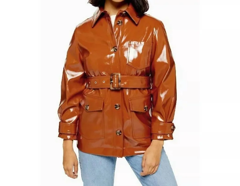 High Gloss Patent Belted Coat In Brown Denim Leather Suede