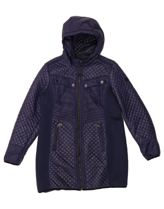 MICHAEL KORS Womens Hooded Padded Coat UK 16 Large Navy Blue Colourblock Jersey Tulle Batik