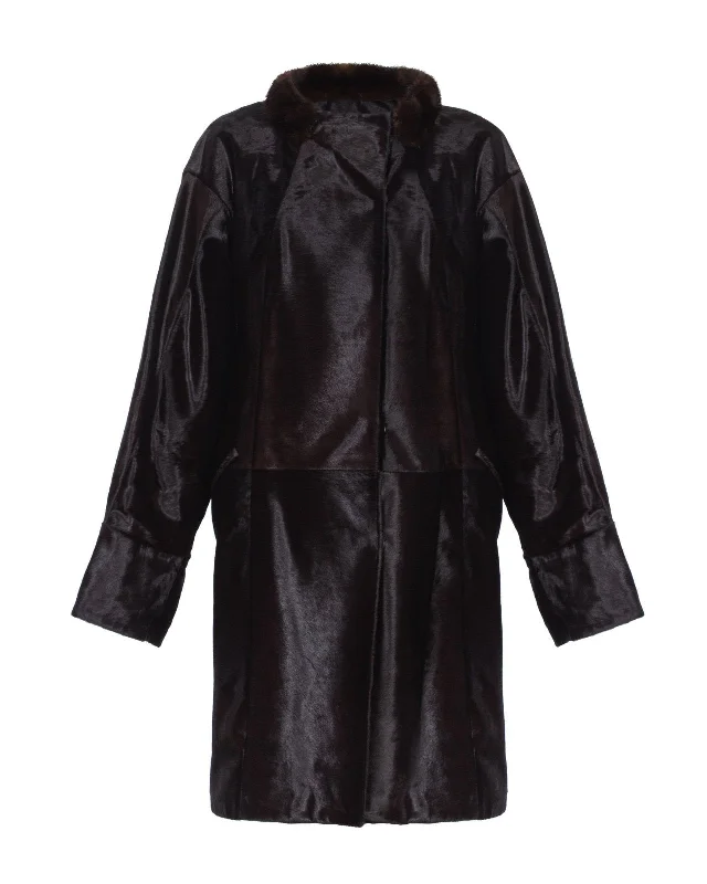 Brown Long Fur Coat Boat Neck Jacket Square Neck Jacket One-Shoulder Jacket