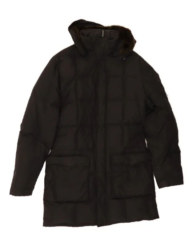 WOOLRICH Womens Hooded Padded Coat UK 14 Medium Black Cotton Pockets Sleeves Lining