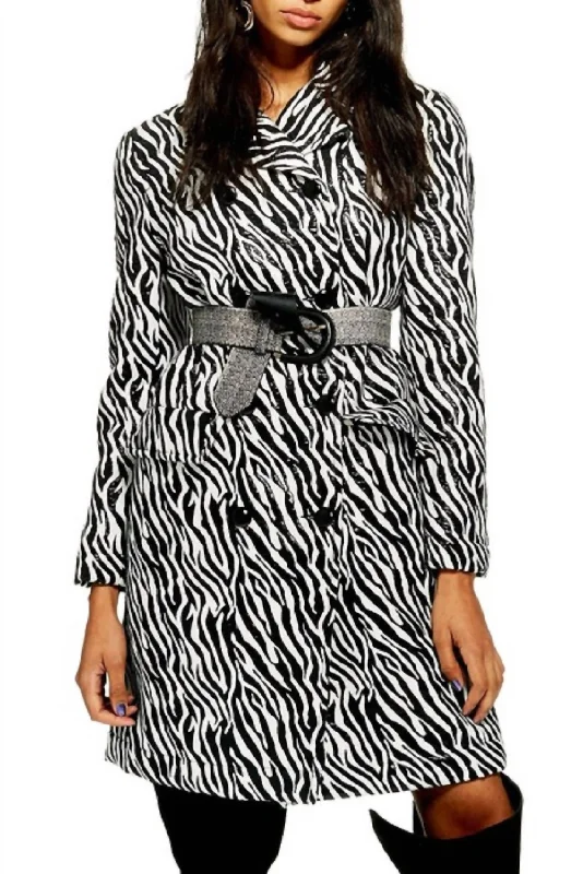 Zebra Print Double Breasted Shimmer Coat In Black/white Cuffed Rolled Raglan