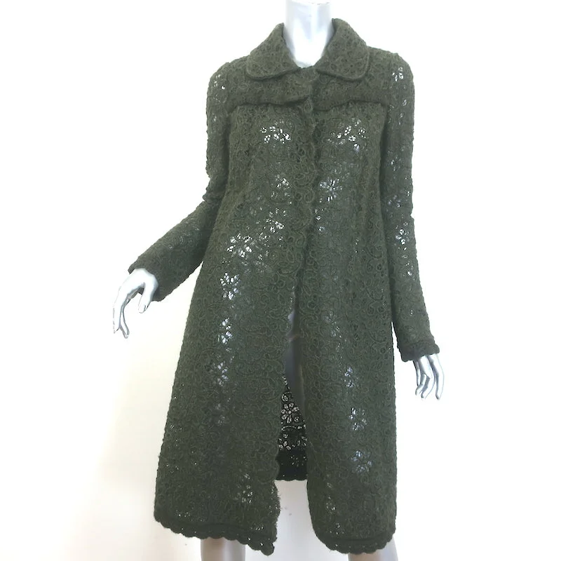 Prada Floral Crochet Lace Coat  - One of a Kind - Dark Green Size 40 Asymmetrical Collar Hooded Zippered