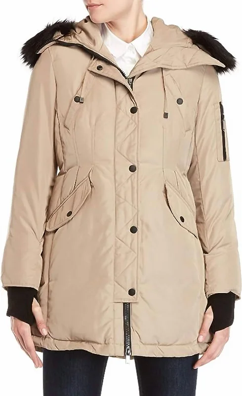 Women's Down Puffer Coat Hooded In Beige Suede Faux Fur Shearling