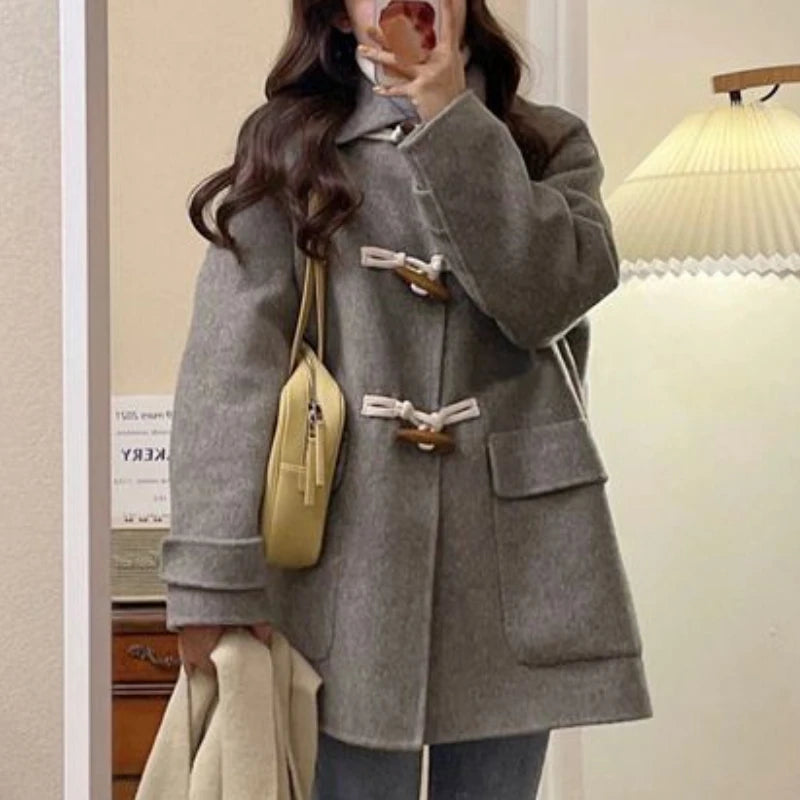 Advbridge Winter Blends Women Wool Coat Sweet  Aesthetic British Style Horn Button Elegant All-match Office Lady Fashion Classic New Nylon Polyester Spandex