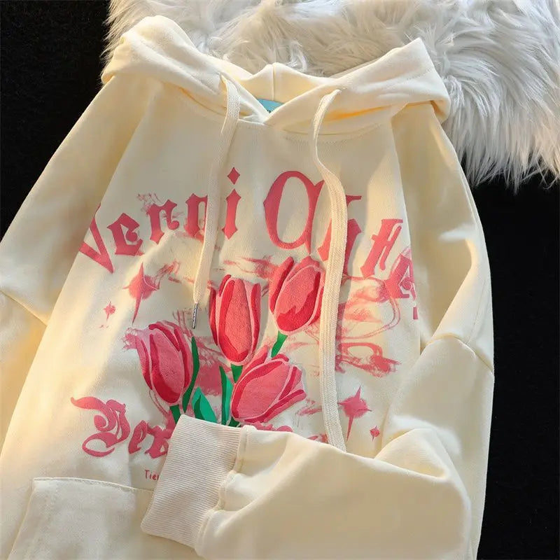 Advbridge Spring Autumn Sweet Tulip Milk Apricot Sweatshirt Y2k Hoodie Women Lazy Couple Tops Harajuku Fashion Casual Loose Preppy Coat Trim Padded Insulated