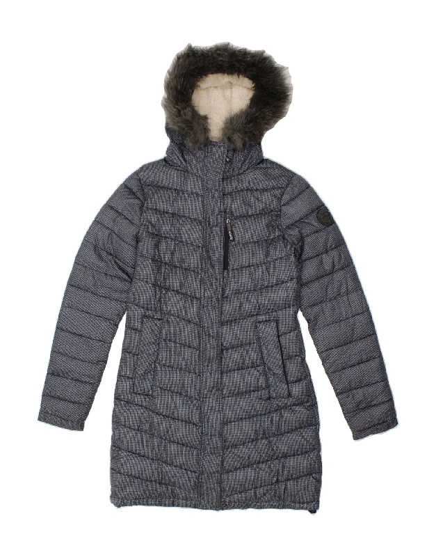 SUPERDRY Womens Hooded Padded Coat UK 8 Small  Navy Blue Polyester Cape Coat Herringbone Coat Tweed Coat