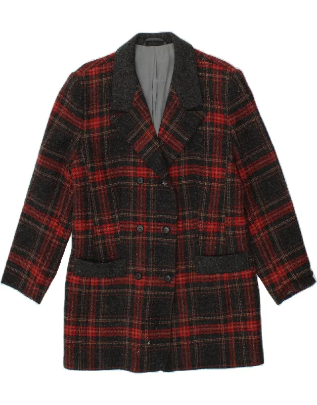 VINTAGE Womens Double Breasted Coat UK 12 Medium Grey Check Raincoat Turtleneck Coat Wrap Coat