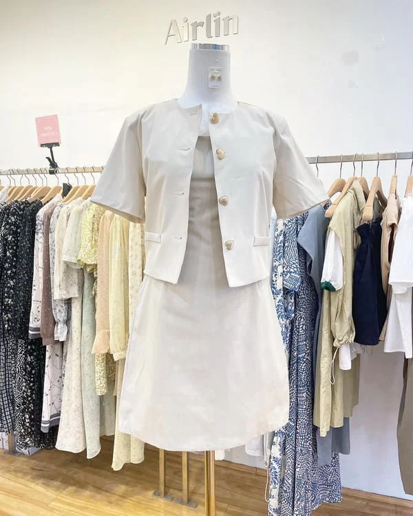 White Short Sleeve Blazer and Dress Set Women's Vacation Suit