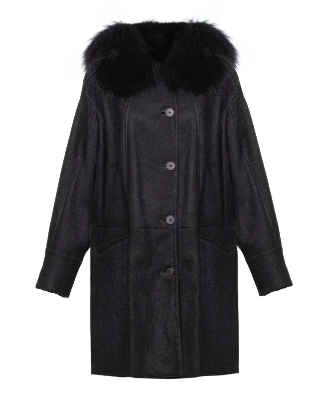 Black Long Suede Leather Coat Stand-Up Roll-Neck Turtle