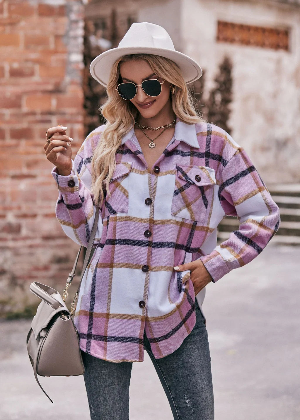 Autumn and Winter Casual Plaid Loose Pocket Coat Boat Neck Jacket Square Neck Jacket One-Shoulder Jacket