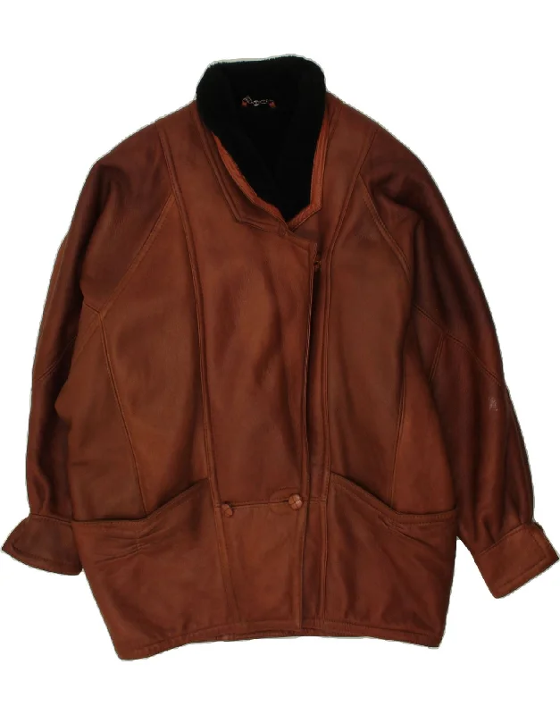 VINTAGE Womens Batwing Leather Coat UK 22 3XL Brown Leather Off-the-Shoulder Jacket Double-Breasted Coat Single-Breasted Coat