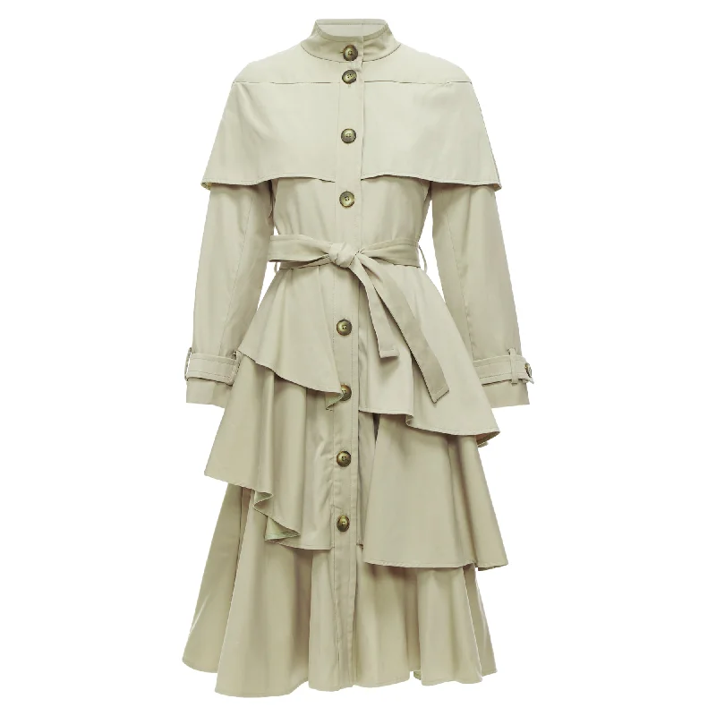 Osman London Cotton Tiered Ruffle Capelet Belted Long Trench Coat Lapel Coat Peter Pan Collar Coat Cowl Neck Coat