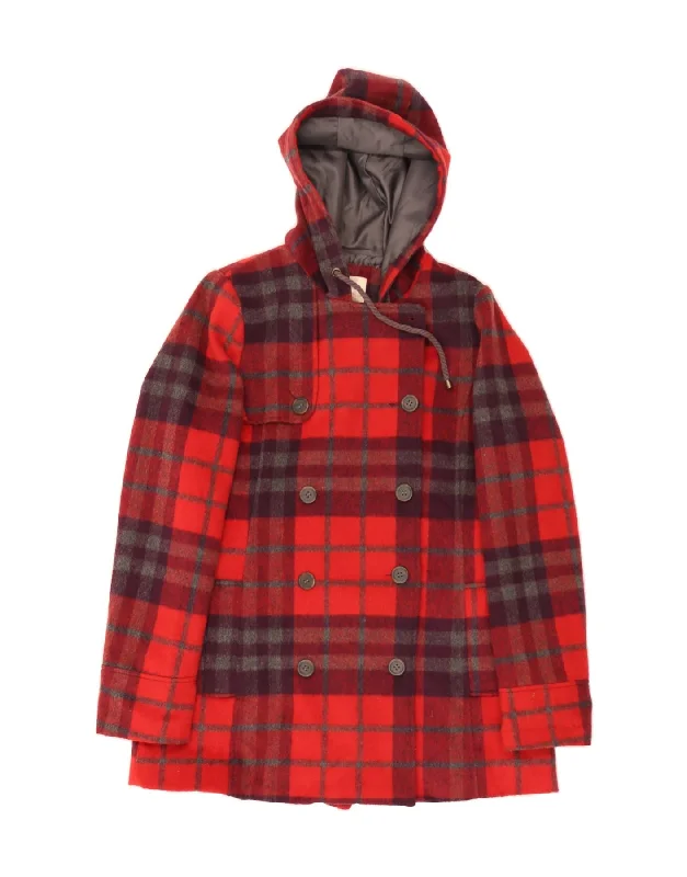 QUIKSILVER Womens Hooded Double Breasted Coat UK 16 Large Red Check Wool Front Pockets Side Pockets Patch Pockets