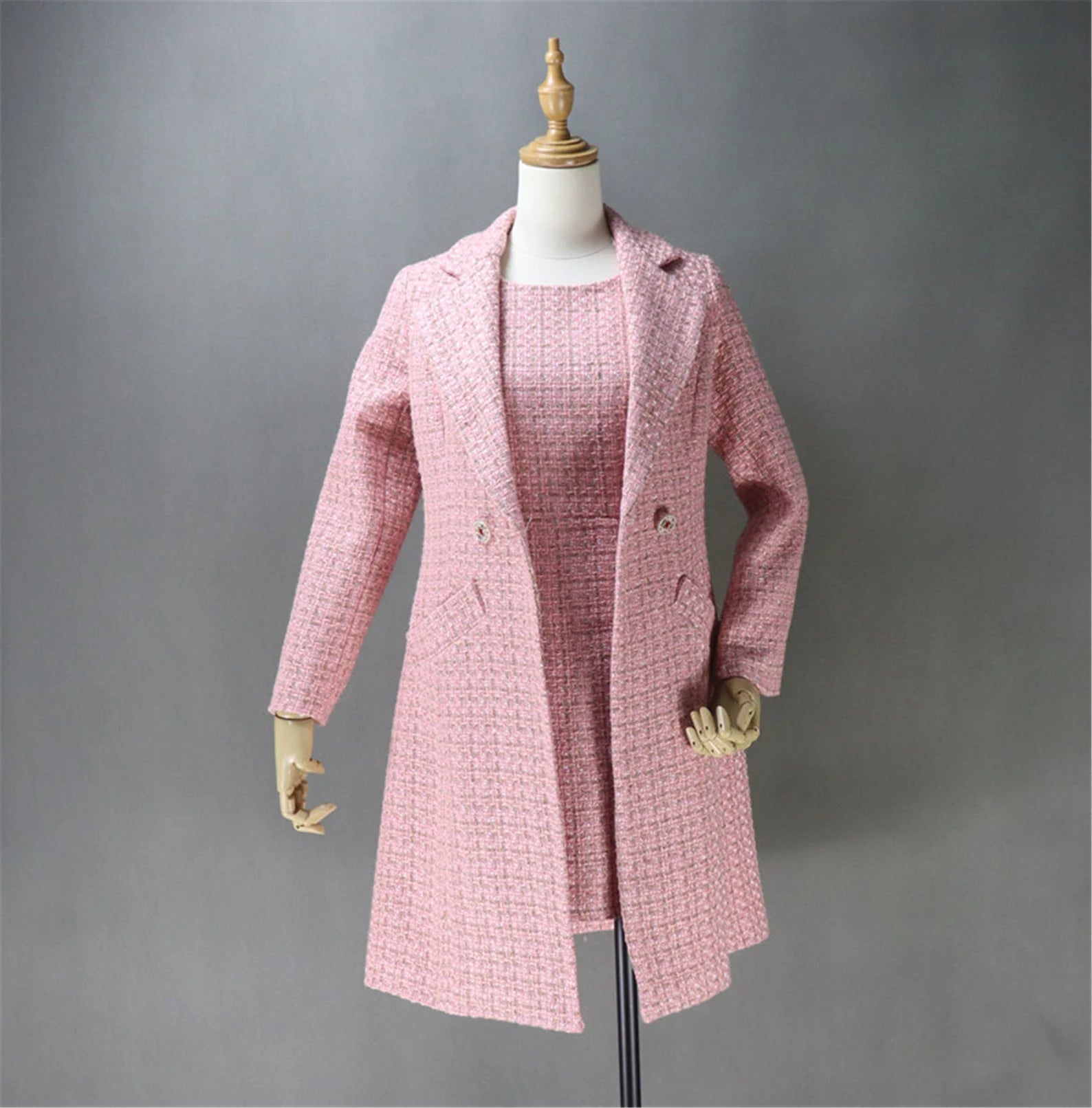 Sheath Dress  + Long Coat For Ladies With Tweed material Down Puffer Quilted