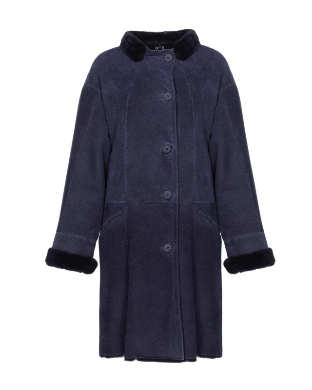 Navy Long Leather Coat Mesh Canvas Denim