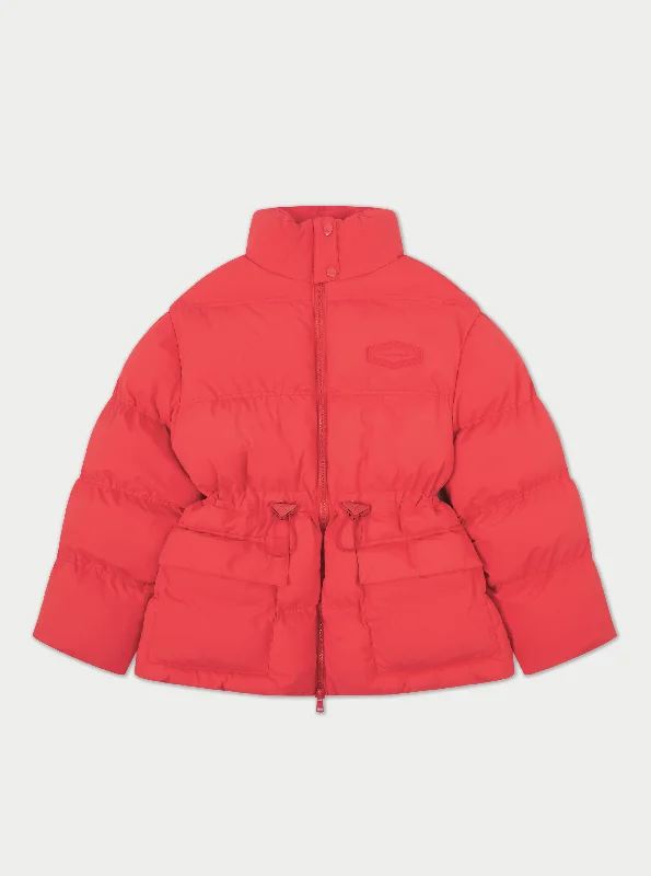 TIE WAIST PLEATED PUFFER COAT - RED Faux Fur Real Fur Shearling