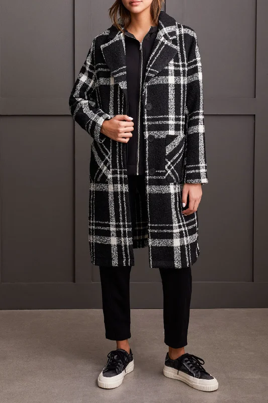 BOUCLE PLAID DUSTER COAT - BLACK Hooded Caped Scarf