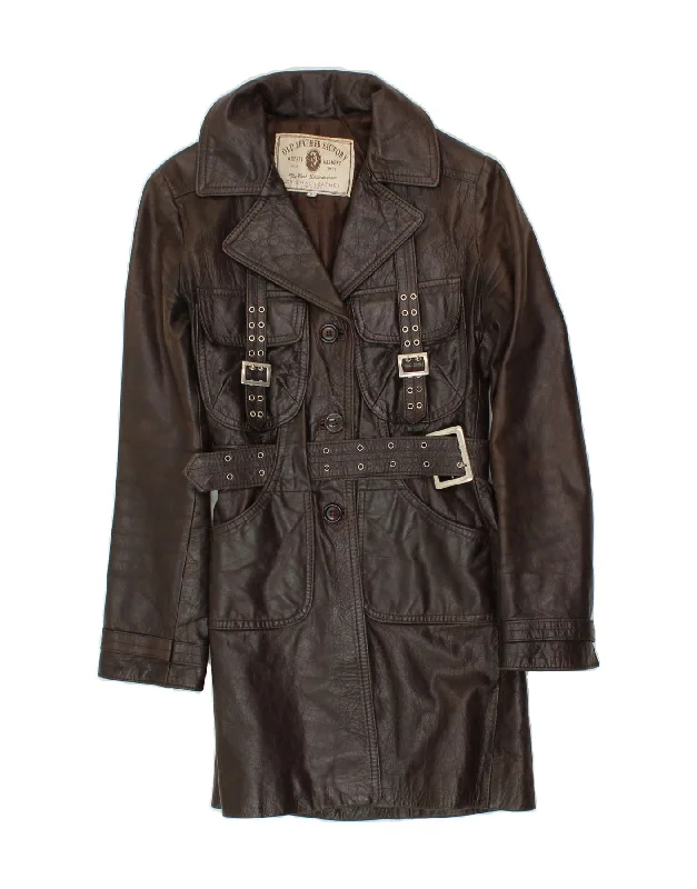 VINTAGE Womens Leather Coat UK 8 Small Brown Anorak Windbreaker Fleece