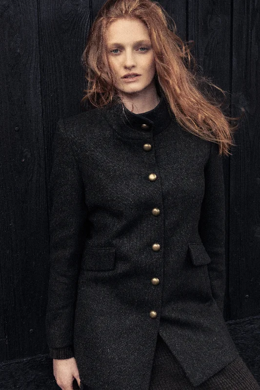 Lynn Tweed Coat - Deep Green Herringbone Striped Polka Dot Floral
