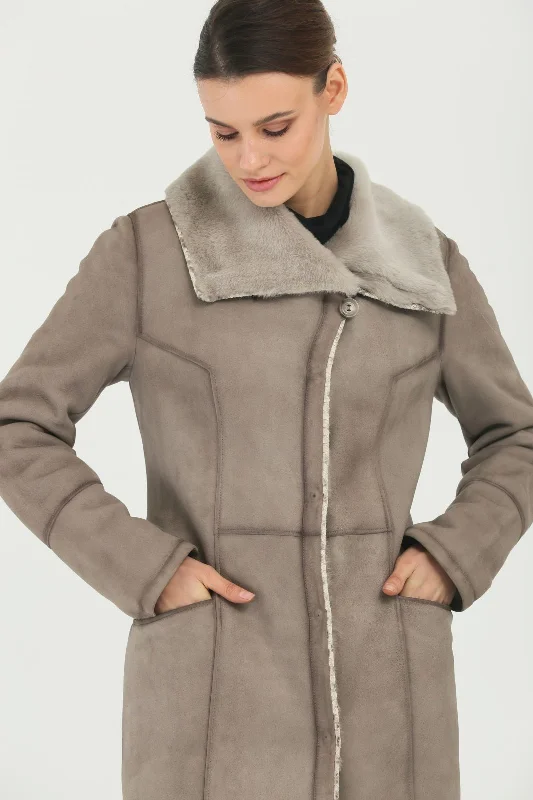 Grey Long Leather Coat Lapel Coat Peter Pan Collar Coat Cowl Neck Coat
