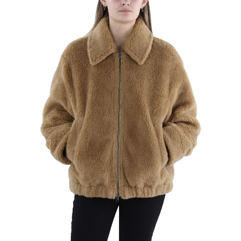 Womens Bomber Cold Weather Faux Fur Coat Solid Print Jacquard